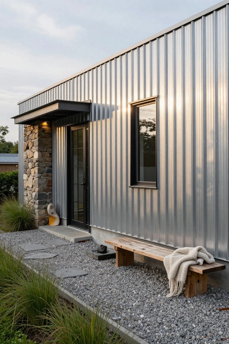 Side exterior of a single-story home with vertical corrugated silver metal siding, a tall irregular stone pillar next to a black glass entry door under a flat metal awning, narrow black-framed window, wooden bench with blanket on gravel yard edged by grasses and stone pavers.