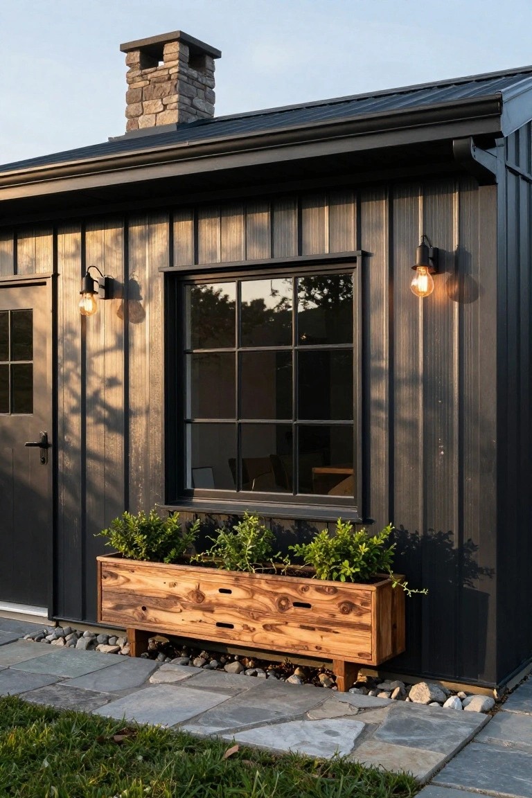Side exterior of a black board-and-batten metal building with standing seam roof, stone chimney, black door and window, wooden planter box with greenery below the window, wall sconces, and stone paver path on gravel base.