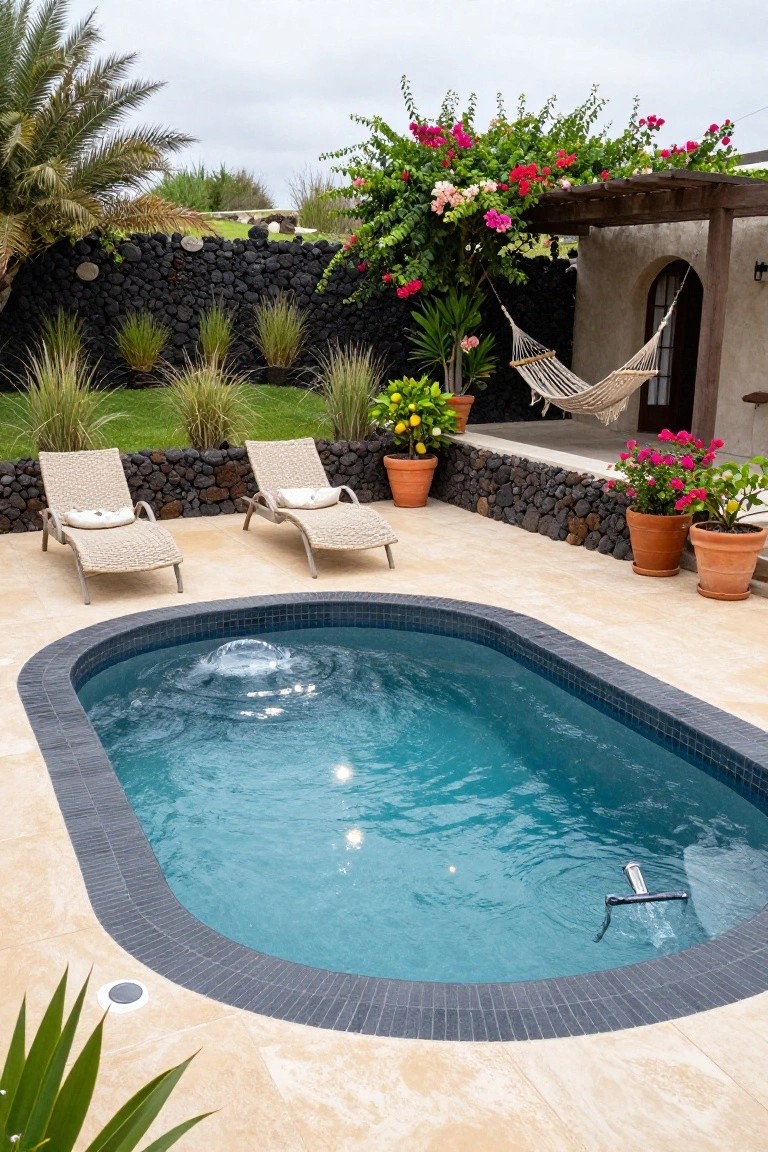 Oval turquoise plunge pool with central bubbler on a beige tiled patio, with two rattan loungers, lava rock walls, potted plants, and a hammock hanging near an arched wooden doorway.