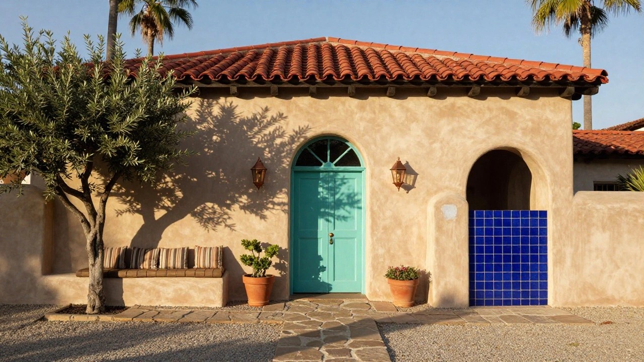 Hacienda-style house exterior with tan stucco walls, red tile roof, arched turquoise front door, copper lanterns, olive trees in terracotta pots, cushioned bench, and gravel path with stone steps.