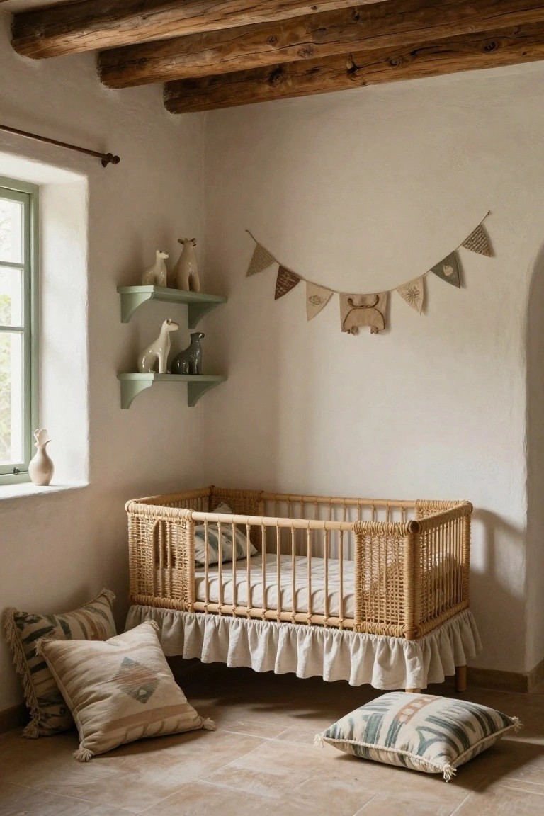 Nursery corner with white rattan crib on skirt, green shelves holding ceramic animal figures and vases, fabric bunting on white wall, patterned pillows on terracotta floor tiles under exposed wooden beam ceiling.