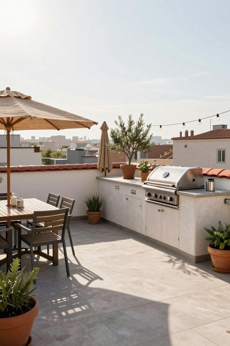 Rooftop terrace with white stucco counter holding built-in stainless steel grill, wooden dining table and chairs, beige umbrellas, potted plants, string lights, and cityscape view.