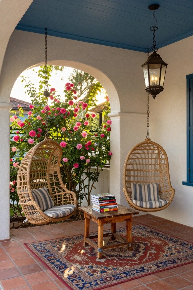 Covered white stucco porch with blue ceiling displaying two beige wicker hanging egg chairs with blue-and-white striped cushions flanking a small wooden table holding stacked books, on a blue and red patterned rug over terracotta tiles, pink rose bushes through arched opening, and hanging bronze lantern.