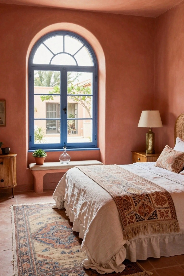 Bedroom interior with terracotta pink walls, large arched window with blue frames overlooking palms and courtyard, bench seat with potted succulent and glass vase, wood bed with white linens and patterned runner, rattan furniture, brass lamp on nightstand.