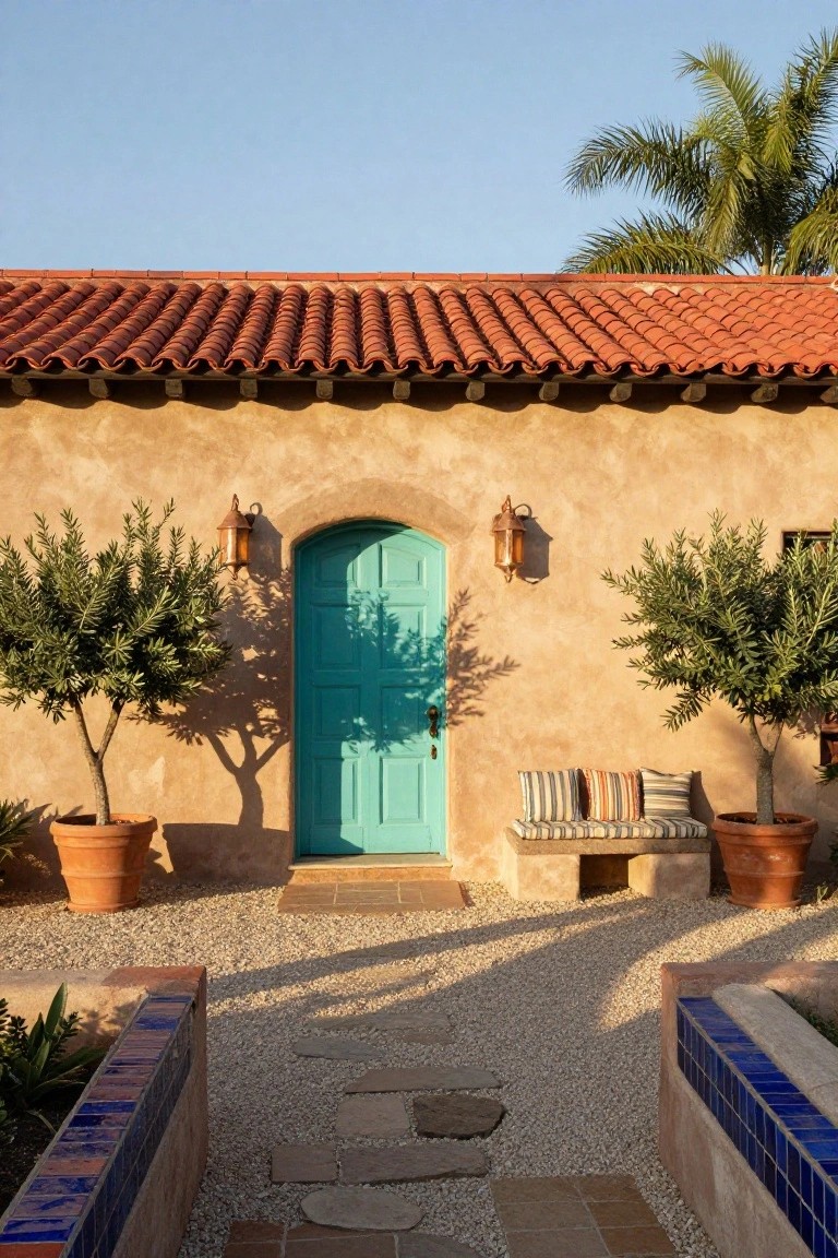 Hacienda-style house exterior with tan stucco walls, red tile roof, arched turquoise front door, copper lanterns, olive trees in terracotta pots, cushioned bench, and gravel path with stone steps.