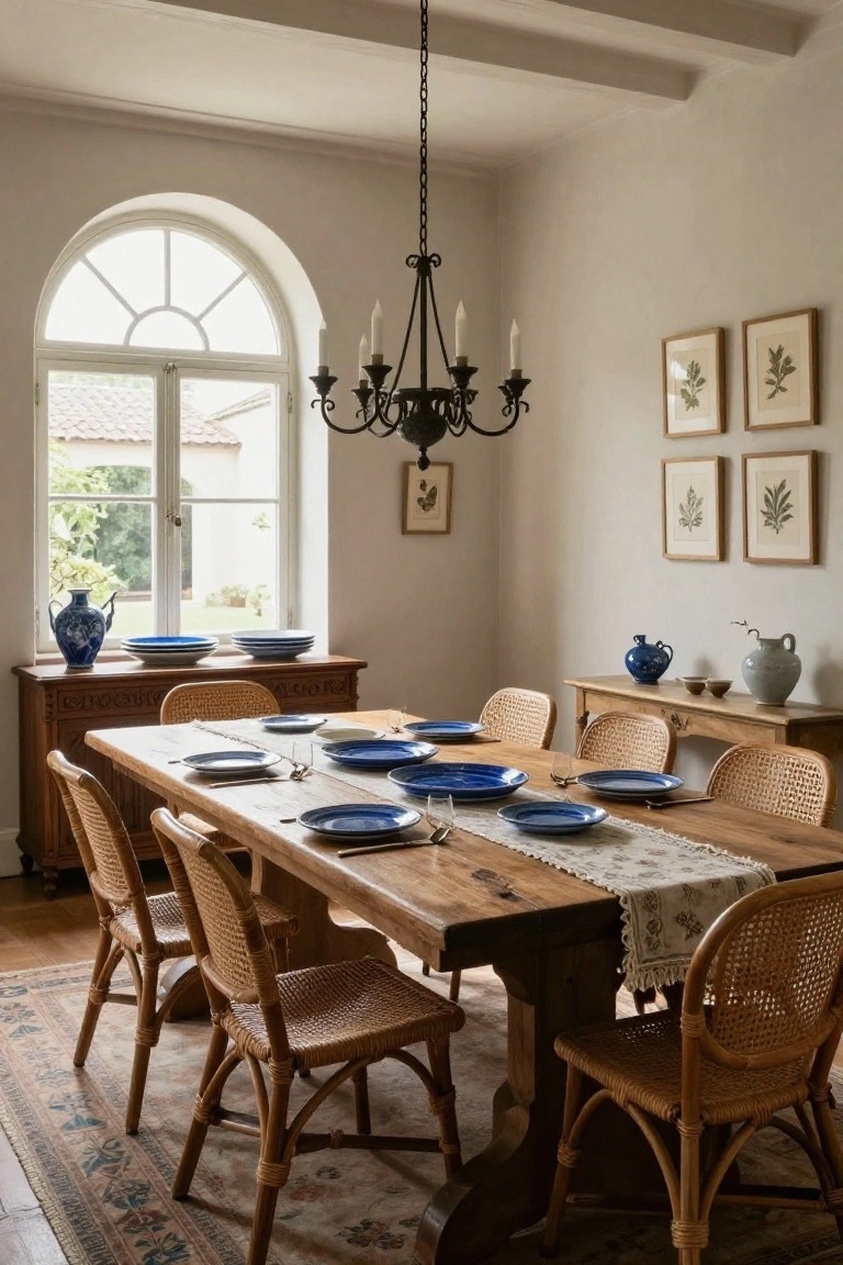 Light-filled dining room with rectangular wooden table set with blue plates and stacked dishes, surrounded by rattan chairs, chandelier overhead, arched window overlooking greenery, blue ceramic vases on wooden sideboards and console.