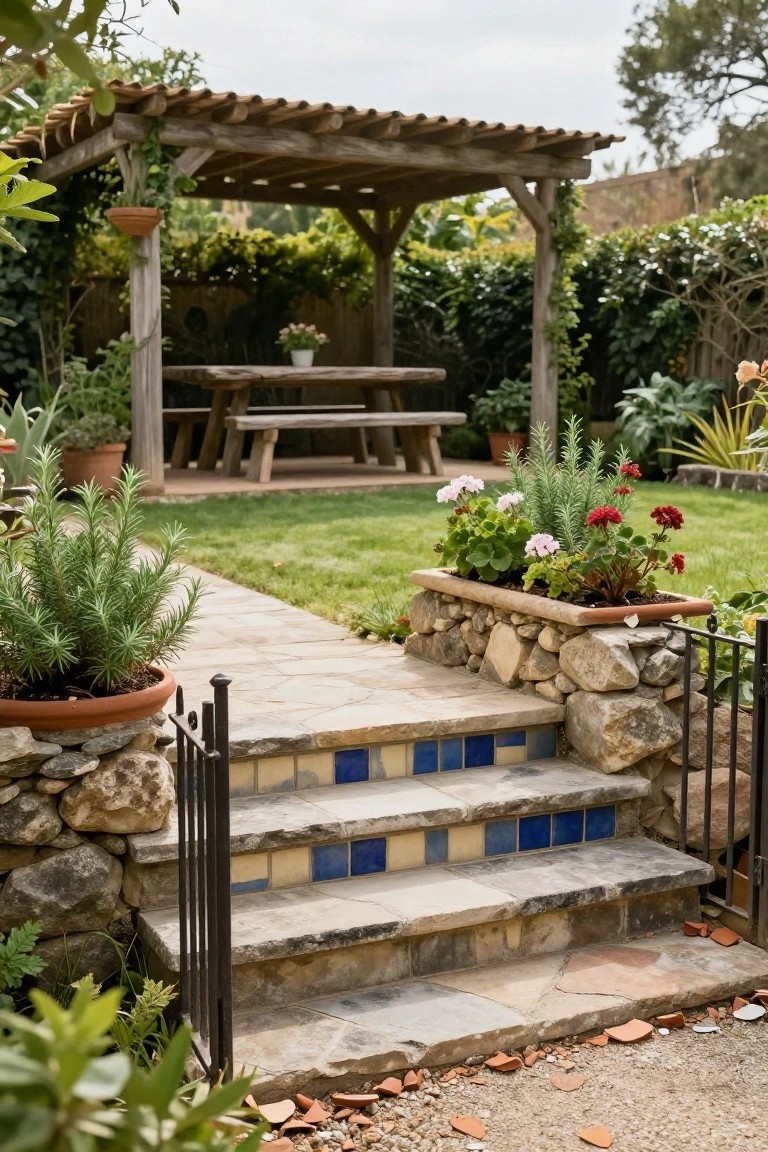 Stone steps with blue and white tiles flanked by potted rosemary lead to a rustic wooden pergola sheltering a picnic table and benches in a garden with flower beds and greenery.