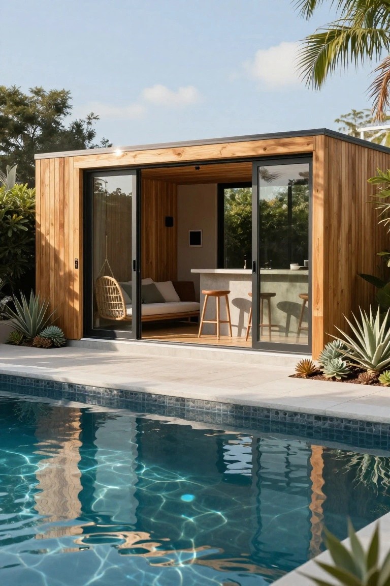 Modern rectangular wooden cabana with black-framed sliding glass doors open to a poolside patio, interior bar counter with wooden stools, hanging rattan chair, and surrounding tropical plants and pool.