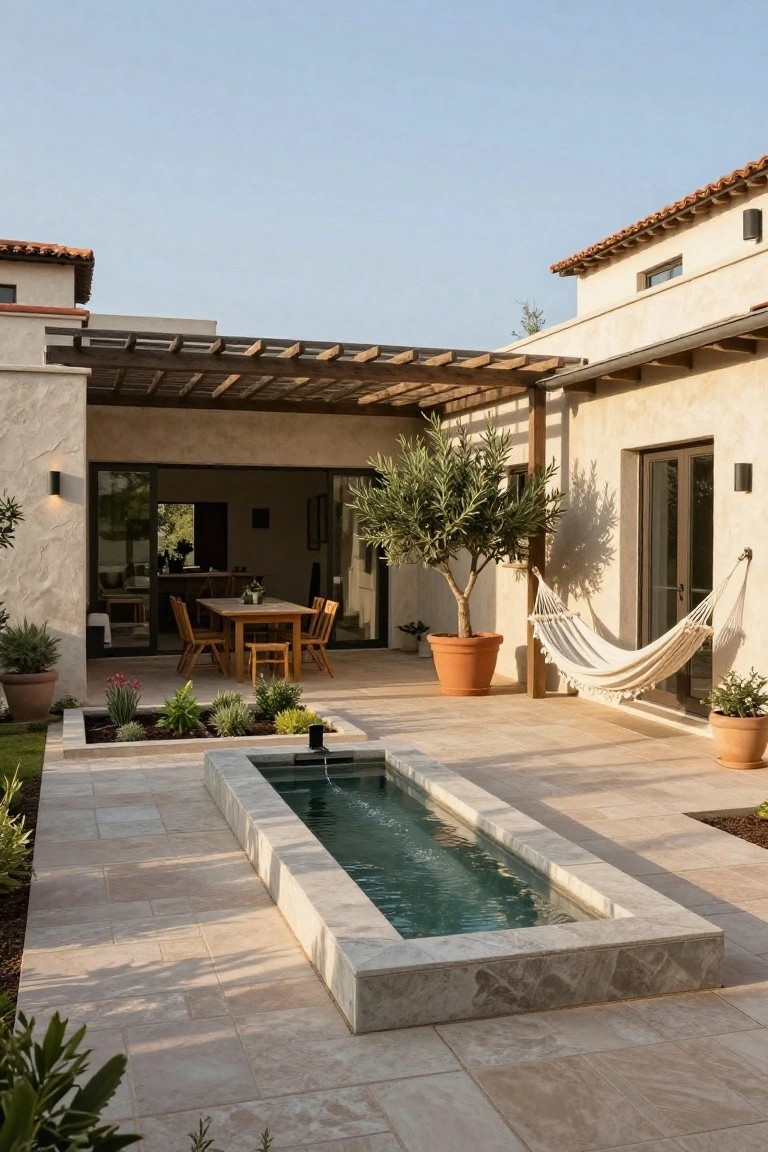 Beige stucco courtyard patio with central rectangular reflecting pool, wooden dining table and chairs, white hammock, olive tree in terracotta pot, potted plants, and glass doors to interior.