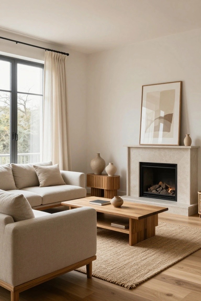 A modern living room interior with a beige linen sofa, wooden coffee table and side tables, stone fireplace with gas flames and ceramic vases, large abstract framed artwork, sheer curtains on black-framed windows overlooking trees, and light oak flooring with a seagrass rug.