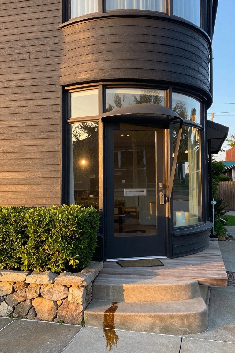 House exterior with dark wood cladding on a curved corner bay window and glass entry door, concrete steps, stone retaining wall with shrubs, wooden deck, and a liquid spill on the sidewalk.