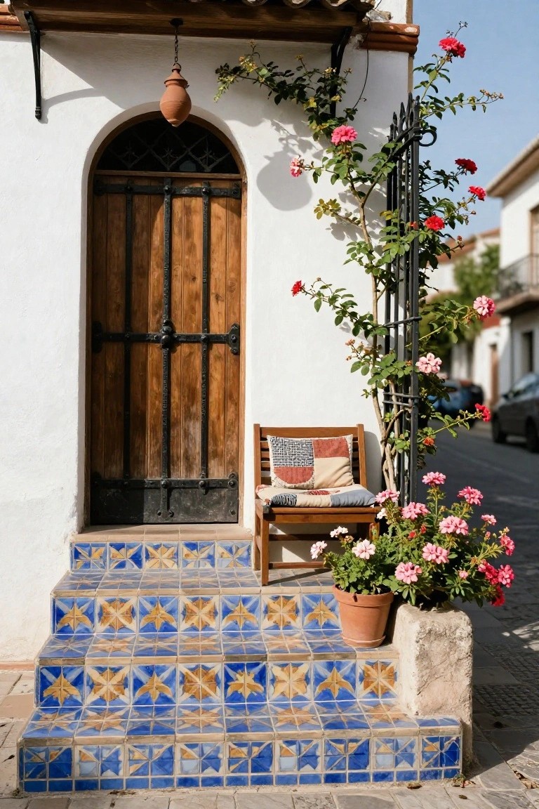 Colorful tiled steps lead to a wooden door beside a rose-covered bench.