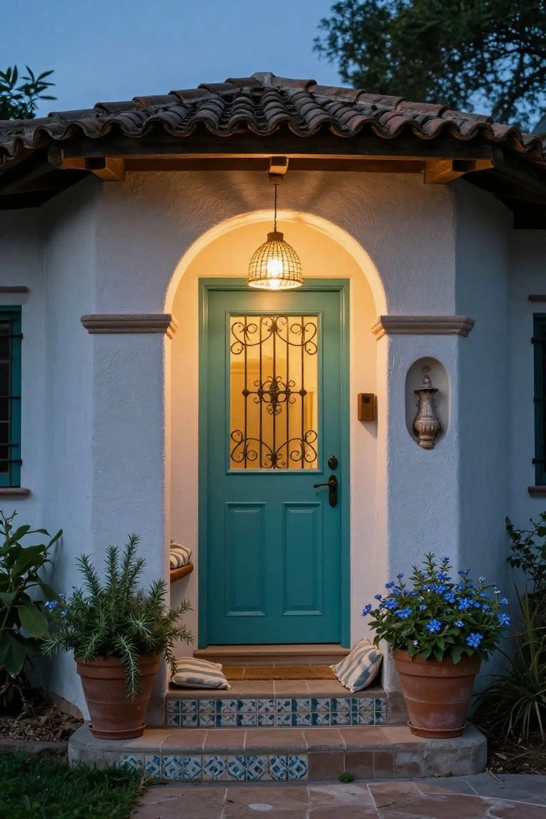 Spanish-style front porch featuring white stucco walls, an arched entryway with turquoise wood door and wrought iron grille, hanging lantern light, potted rosemary and blue flowers, striped cushions on bench, and terracotta tiled steps.