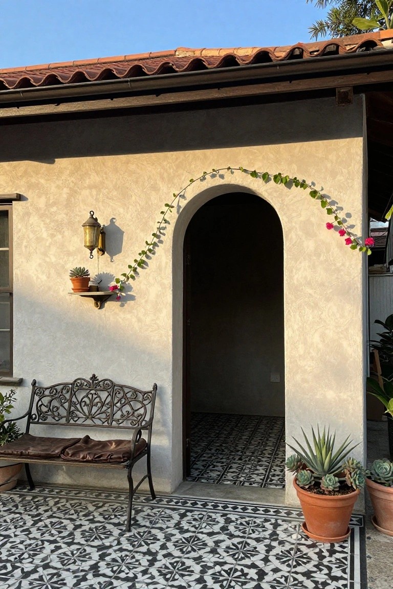 Beige stucco wall with red tile roof and open arched doorway draped in green ivy with pink flowers, metal lantern and potted plants on shelf, wrought iron bench with cushions, potted agaves and succulents, and black-and-white patterned tile floor on porch.