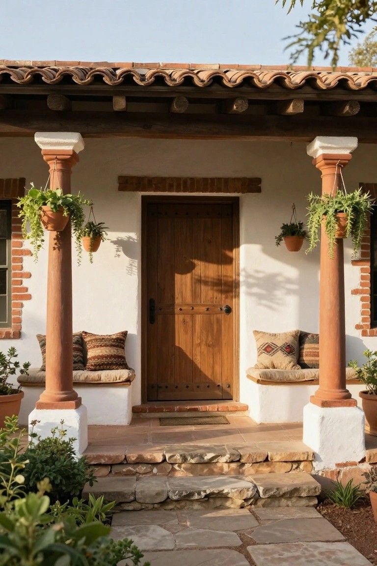 Terracotta-tiled porch with wooden door, hanging plants, and stone steps.