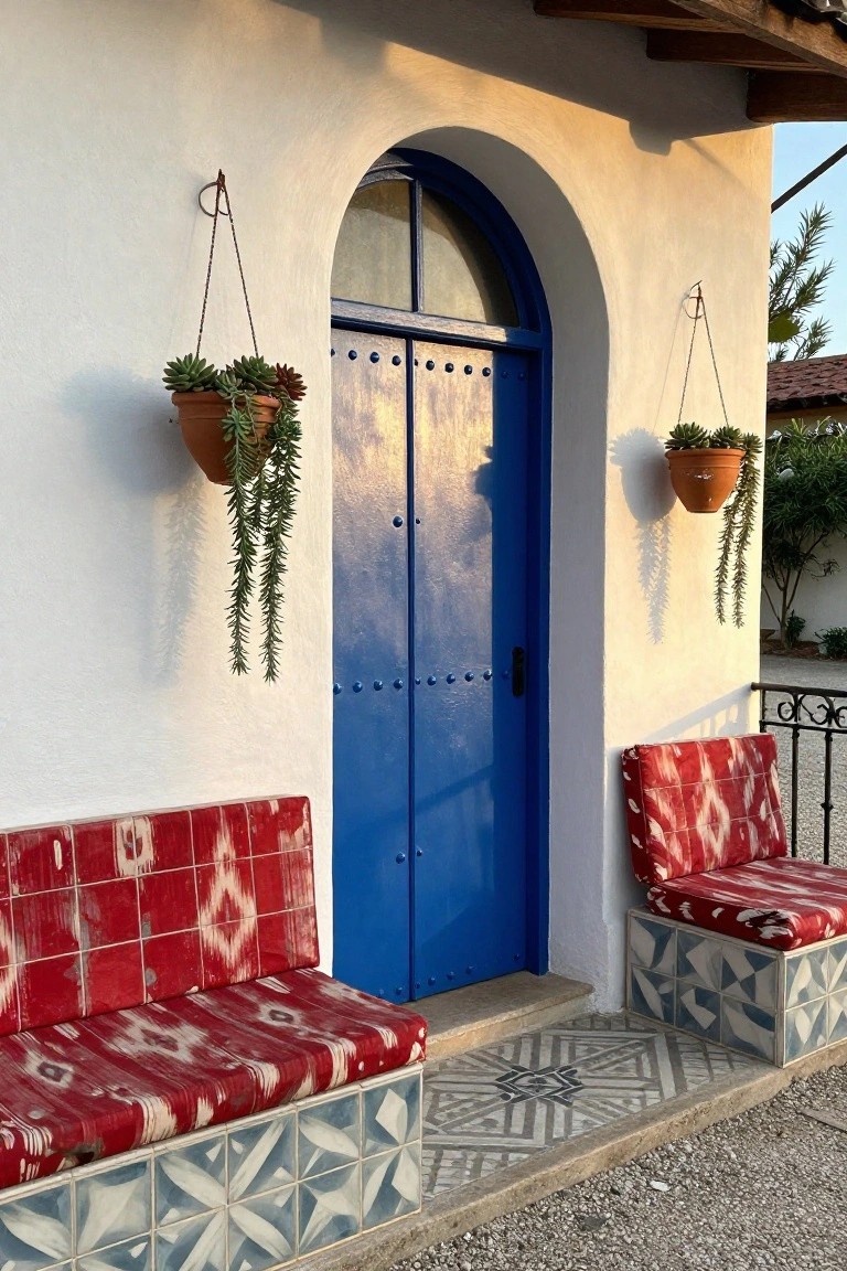 White stucco wall with arched blue wooden door, flanked by built-in benches with red patterned cushions on blue and white tiled bases, hanging terracotta pots with succulents, and patterned tile entry step.
