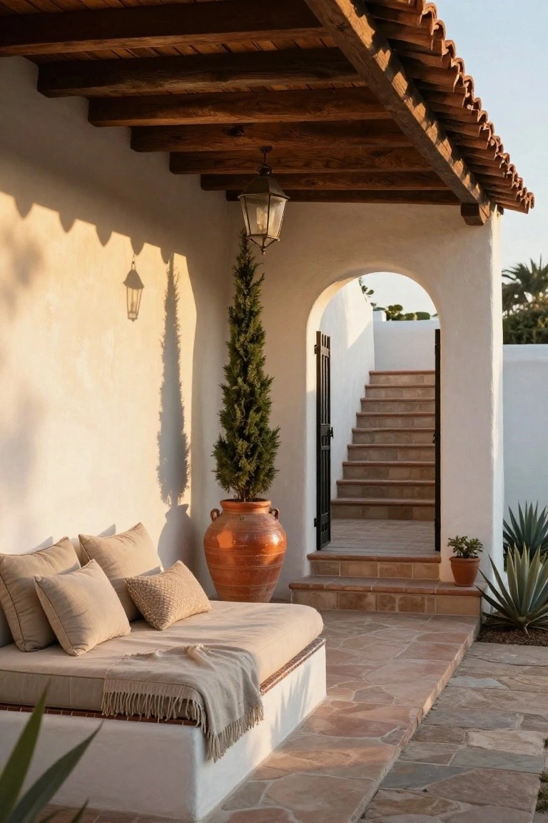 Spanish-style covered porch with white stucco walls, wooden beams, terracotta roof tiles, built-in cushioned daybed with pillows and tan throw blanket, large orange terracotta pot with plant, tall cypress tree, black metal gate, and stone stairs.