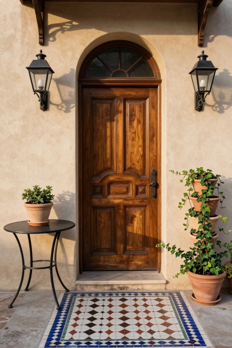 Wooden arched front door on beige stucco wall flanked by black metal lanterns, with potted plants on a small black metal table left and stacked terracotta pots with ivy right, colorful diamond-patterned tile mat at threshold.