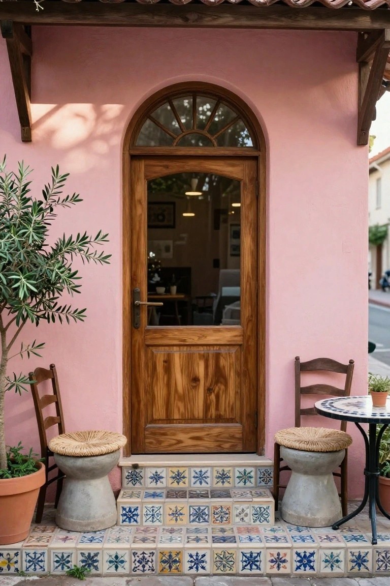 Pink stucco wall exterior with arched glass window, wooden front door, colorful patterned tile steps, two rattan stools, wooden chair, small round table, potted plants, and olive tree next to the entry.