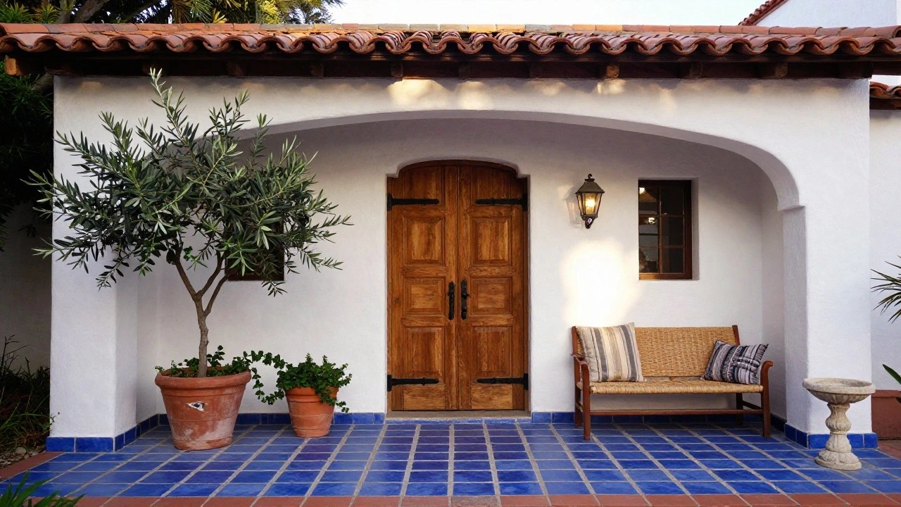 White stucco building with terracotta tile roof and arched entryway featuring double carved wooden doors with black iron hardware, flanked by black lanterns, rattan benches with cushions, and potted olive trees on a porch floored with red terracotta tiles inset with blue diamond patterns.