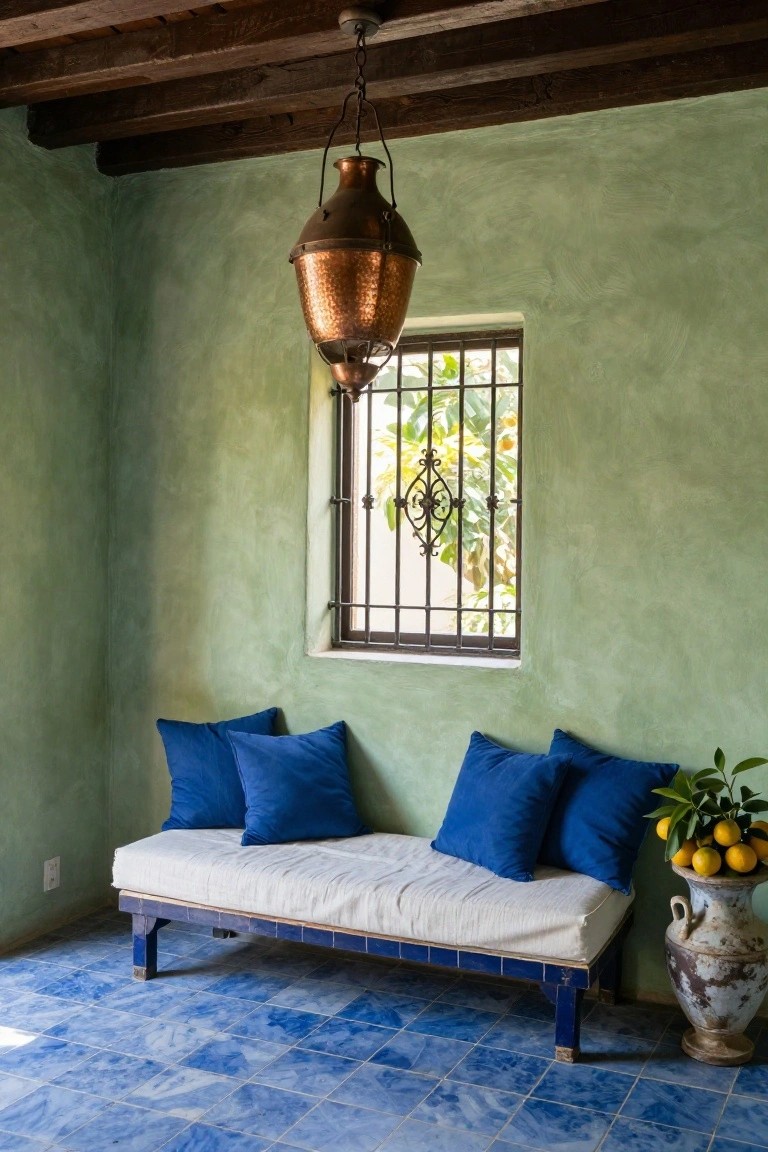 Small interior room featuring sage green textured walls, exposed wooden beams, a hanging copper lantern, a barred window with greenery outside, a low wooden daybed with white mattress and blue pillows, blue patterned tile floor, and a terracotta vase of lemons.
