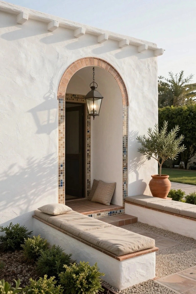 White stucco wall with arched brick doorway framed in colorful tiles, wooden door, hanging lantern light, built-in benches with beige cushions flanking tiled steps, potted olive tree, boxwood shrubs, and gravel path.