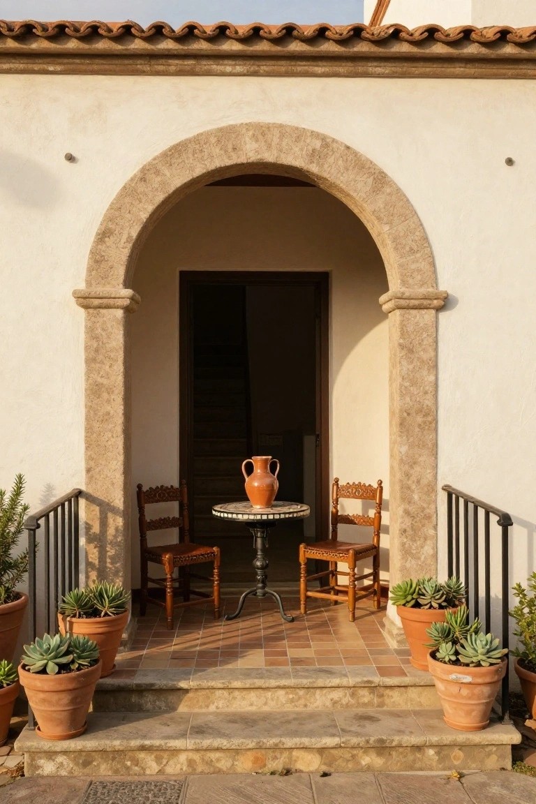 White stucco front porch with terracotta tile roof and steps, arched stone entryway with wooden door, small marble-top round table between two carved wooden chairs, central orange terracotta vase, and several terracotta pots with agave plants on the tiled area and steps.