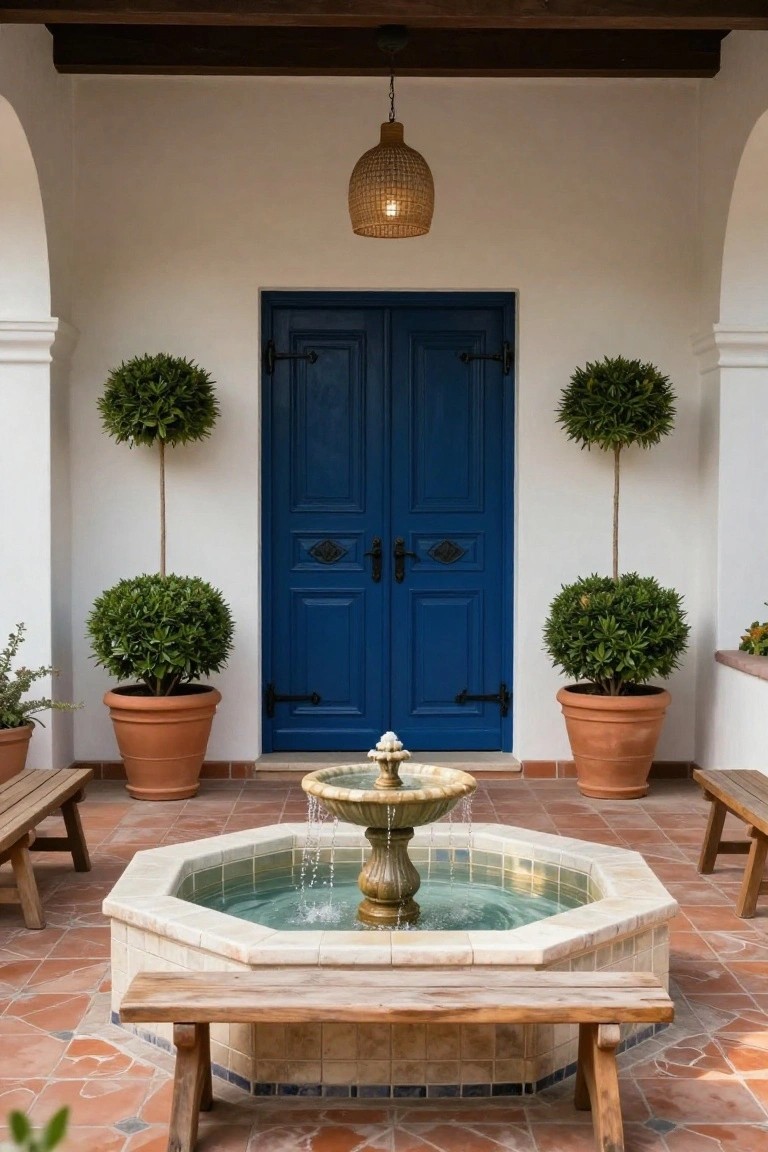 Spanish-style front porch courtyard with central octagonal stone fountain flowing with water, wooden benches, potted topiary shrubs flanking a blue double door under white arches, and terracotta tile flooring.