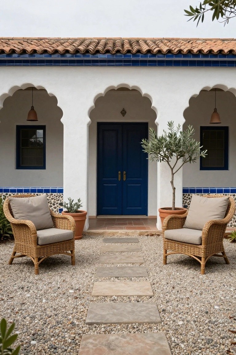 White stucco house facade with Moorish arches, blue double front door, two beige cushioned wicker armchairs on gravel flanking a stone path, potted olive tree between chairs, blue tiled accents and small plants nearby.