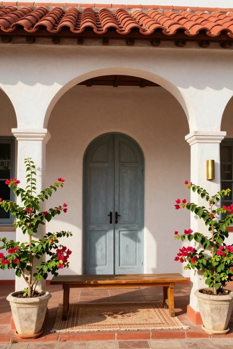 Spanish-style front porch featuring white stucco arches, a turquoise arched double door, wooden bench centered in front, large terracotta pots of pink bougainvillea on either side, woven rug on terracotta tile floor, and gold wall light.