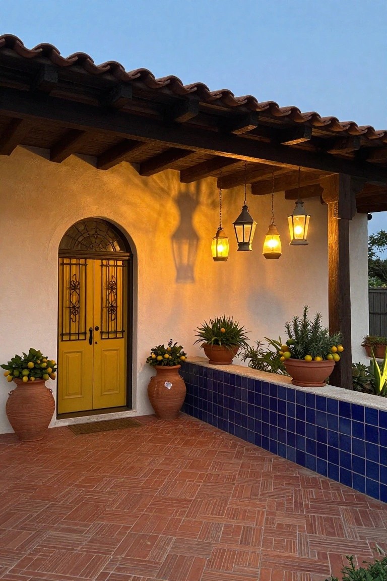 Spanish-style patio with yellow door, hanging lanterns, and potted plants.