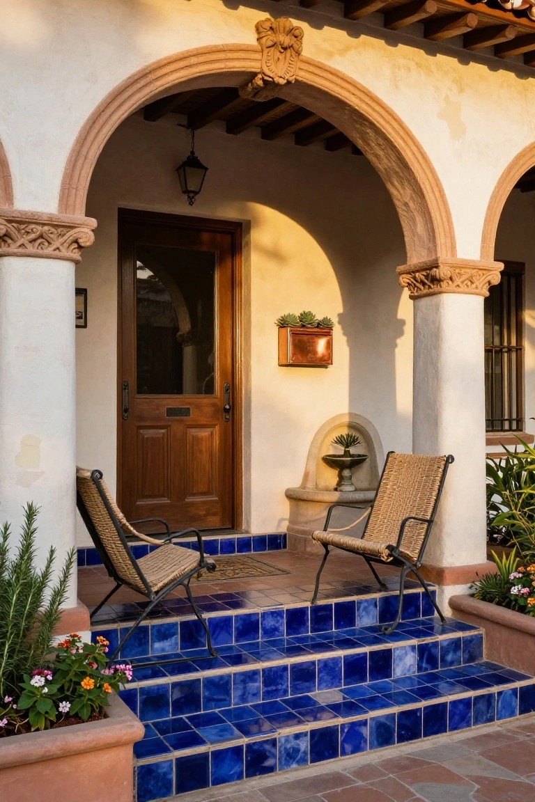 Spanish-style front porch entrance with arched portico, wooden door, copper mailbox, small fountain niche, two rattan chairs on blue tiled steps, and potted plants.