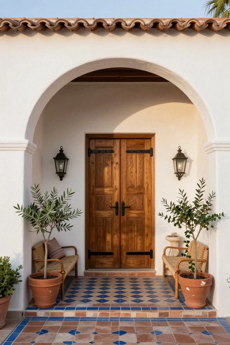 White stucco building with terracotta tile roof and arched entryway featuring double carved wooden doors with black iron hardware, flanked by black lanterns, rattan benches with cushions, and potted olive trees on a porch floored with red terracotta tiles inset with blue diamond patterns.