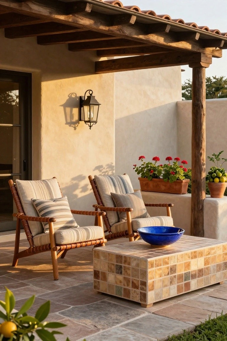 Two striped patio chairs and blue bowl on tiled table under wooden pergola.