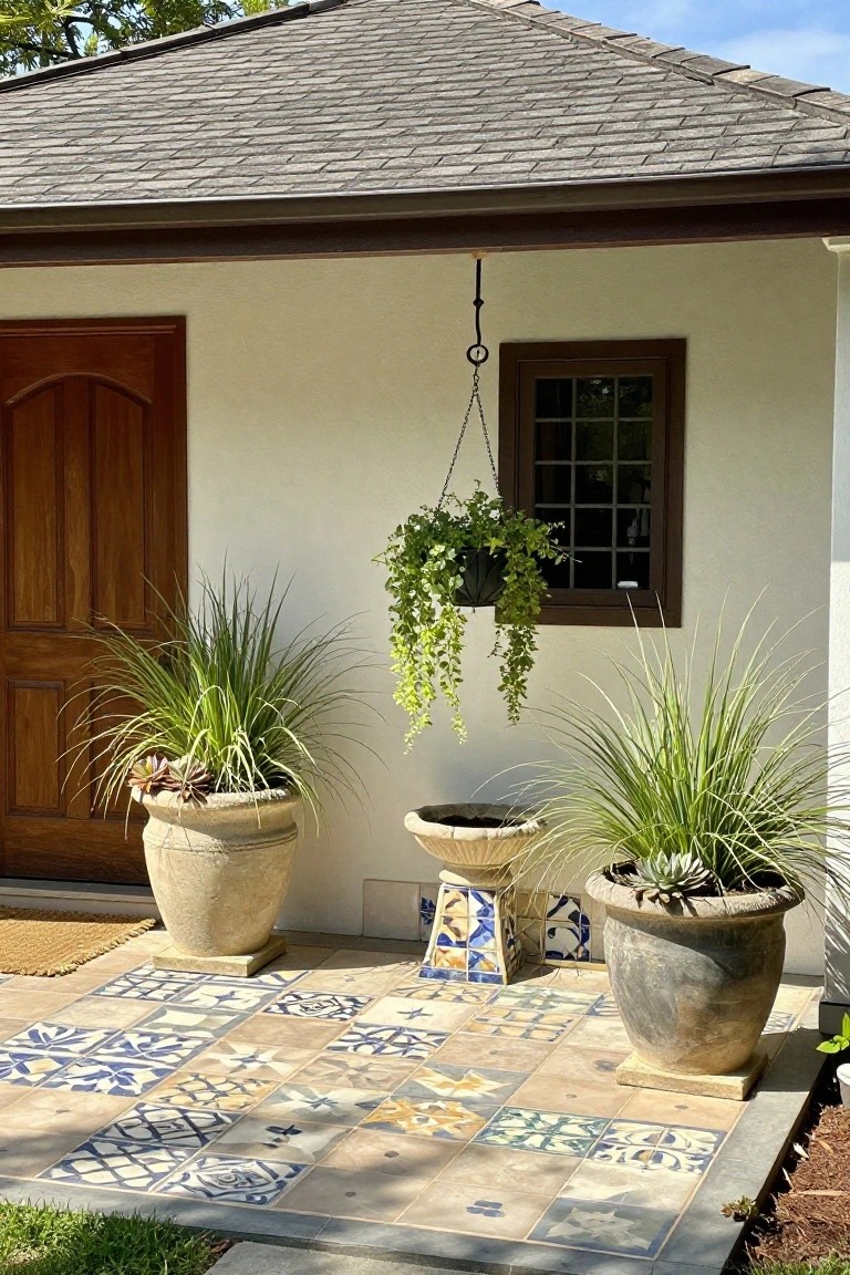 White stucco front porch with wooden double door, colorful blue white and yellow patterned tile floor, large terracotta pots with grasses and succulents flanking the entry, hanging plant from eaves, and small ceramic pots.