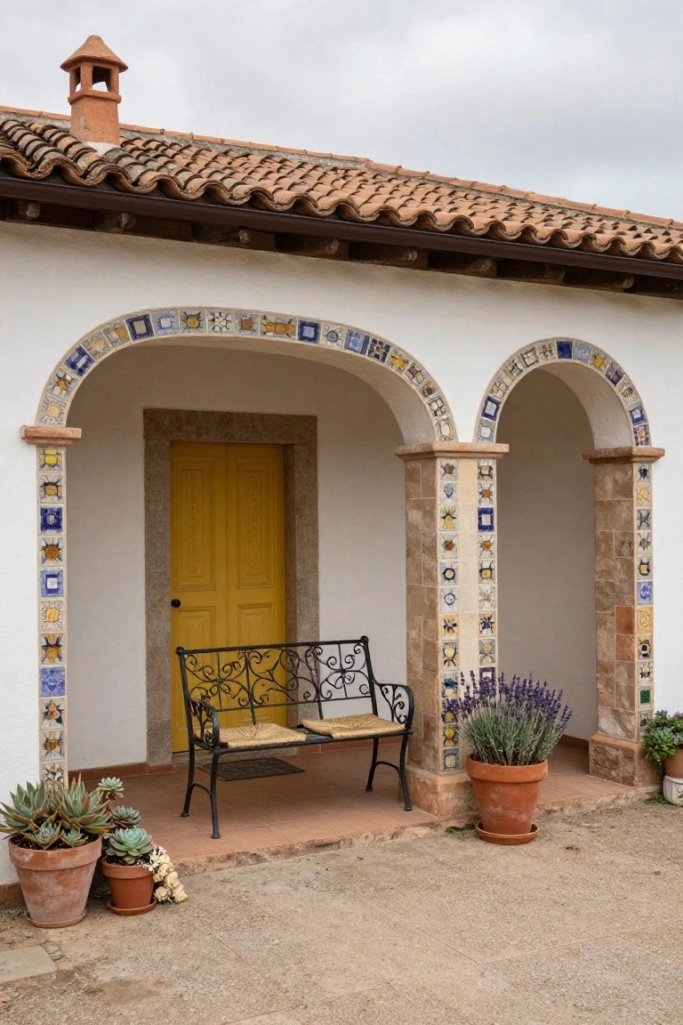 White stucco house facade with terracotta tile roof, two arches and columns decorated with blue, yellow and multicolored ceramic tiles flanking a yellow wood door, black wrought iron bench with cushions on the porch, potted succulents, lavender and other plants nearby on a gravel ground.