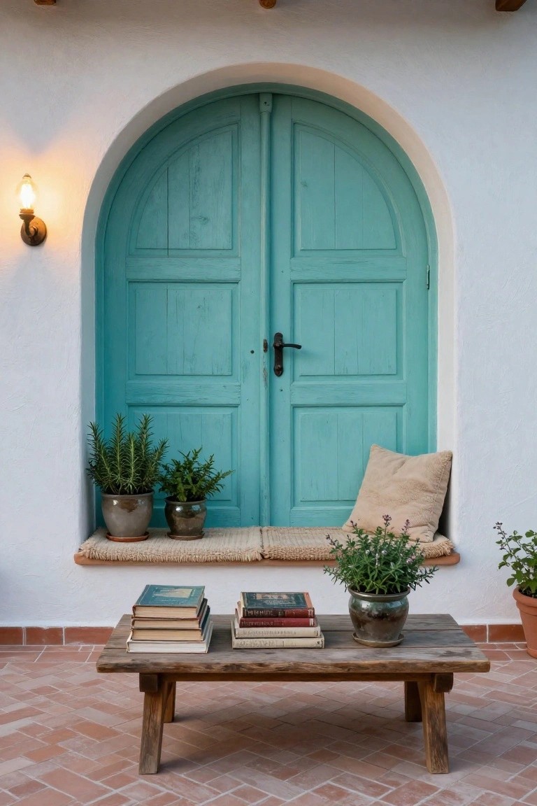 Arched turquoise wooden double doors set in a white stucco wall with a wall-mounted lantern light, potted rosemary and other plants flanking the entry, beige cushion and small potted plant on the ledge, rustic wooden bench table with stacked books and metal potted plant on terracotta tiled porch floor.