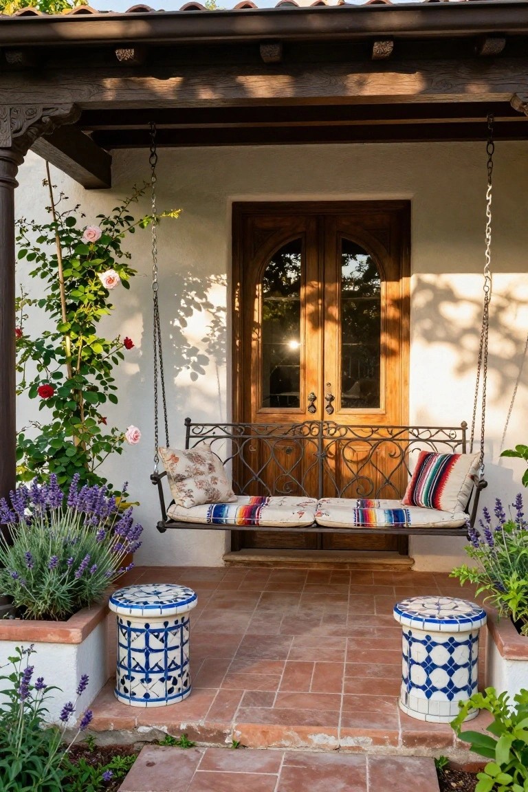 Spanish-style front porch with a hanging wrought iron swing seat cushioned by floral and striped pillows and blankets, flanked by potted lavender and climbing roses, double arched wooden doors, blue tiled stools, and terracotta tile floor.