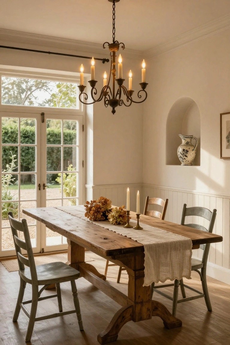 Dining room interior featuring a long wooden table with white runner, potted flowers, candles, wooden chairs with gray seats, a wrought-iron chandelier with lit candles above, white walls, and French doors opening to a garden.