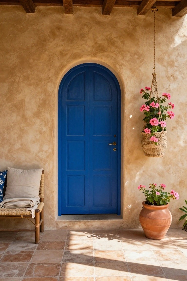 Beige stucco house exterior featuring an arched blue wooden door, a hanging basket of pink geraniums, potted pink flowers in a terracotta pot, and a rattan chair with cushions on terracotta tiled flooring under wooden beams.