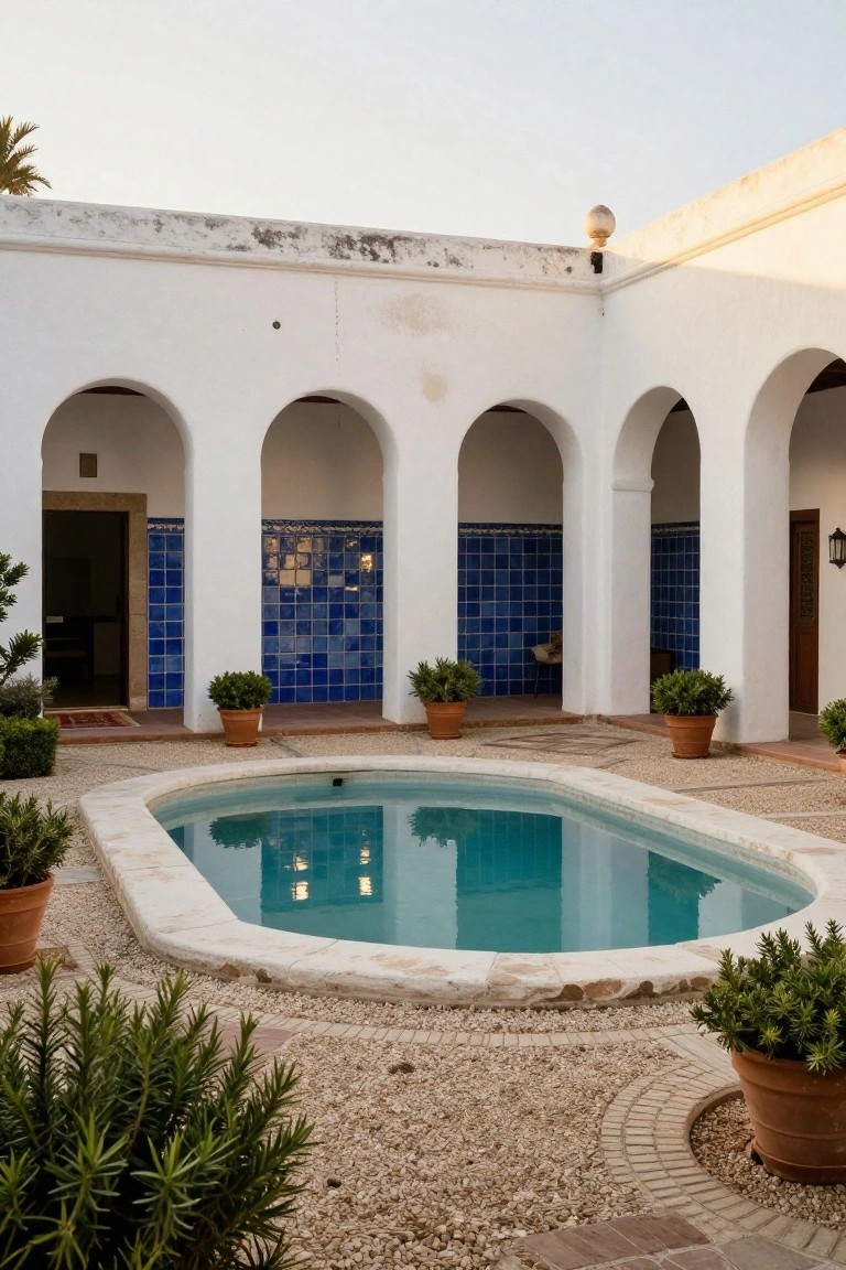 White stucco hacienda-style courtyard with rounded arches, blue tiled wall sections, a central oval turquoise pool, potted plants, and gravel ground with brick edging.