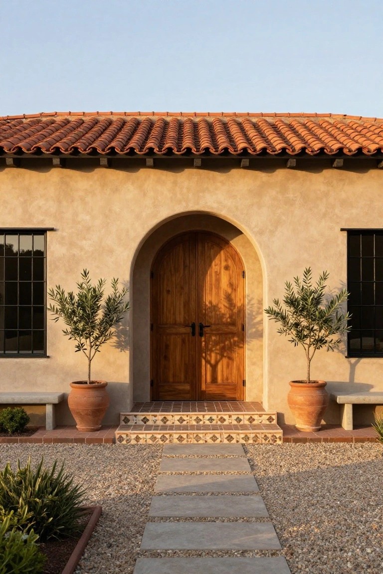 Hacienda-style house exterior with large arched wooden double door centered under stucco wall and terracotta tile roof, flanked by potted olive trees, black metal windows, tiled entry steps, and gravel path.