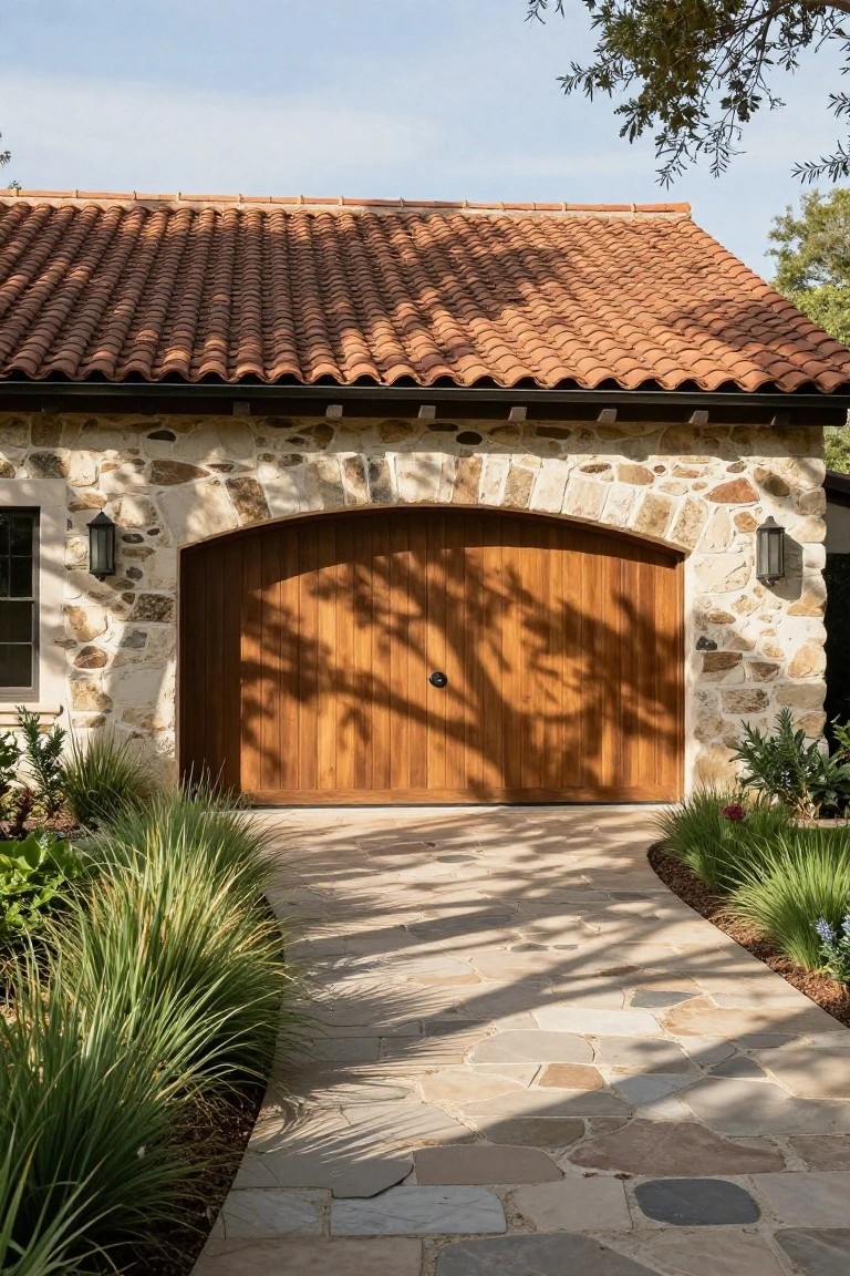 Stone garage building with arched wooden door, red tile roof, wall lanterns, and plants along a stone pathway.