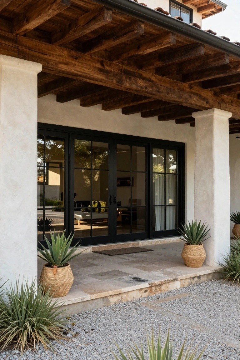 Beige stucco hacienda-style home exterior with exposed dark wooden beams, large black-framed sliding glass doors, stone entry steps, potted agave plants in woven baskets, and gravel landscaping.