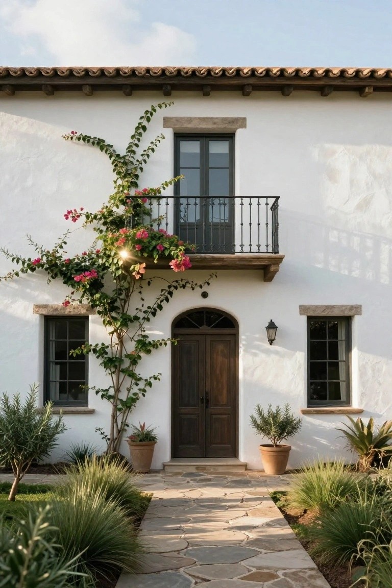 White stucco hacienda-style house facade with terracotta roof, pink bougainvillea vines climbing a second-floor wrought-iron balcony above a dark wooden double door entry, flanked by windows, stone pathway, and potted olive trees with grasses.