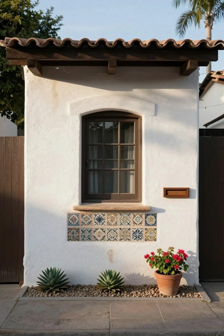White stucco wall with brown wooden arched window, colorful blue and white tiled sill below, wooden mail slot, two agave plants, potted red flowers, and gravel bed in front of a dark wood gate.