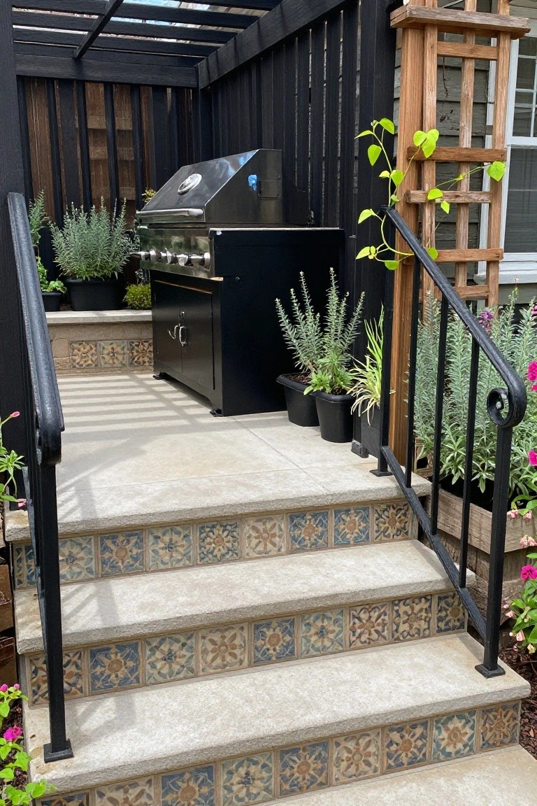 Black built-in cabinet with stainless steel BBQ grill on an outdoor patio, colorful patterned tile risers on concrete steps nearby, potted plants including lavender and grasses, black wood pergola overhead, and metal railing.
