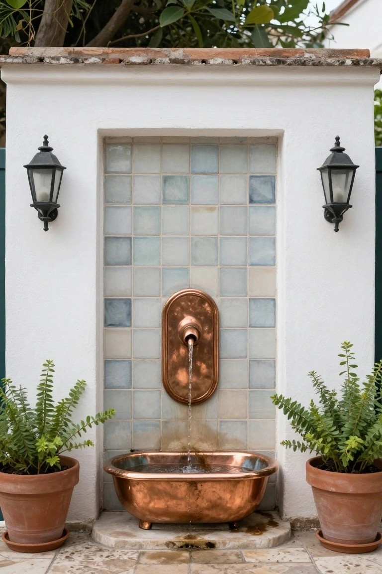 White stucco wall with arched niche of light blue tiles containing a copper spigot pouring water into an oval copper basin below, flanked by black lanterns and potted ferns on a stone-tiled patio.