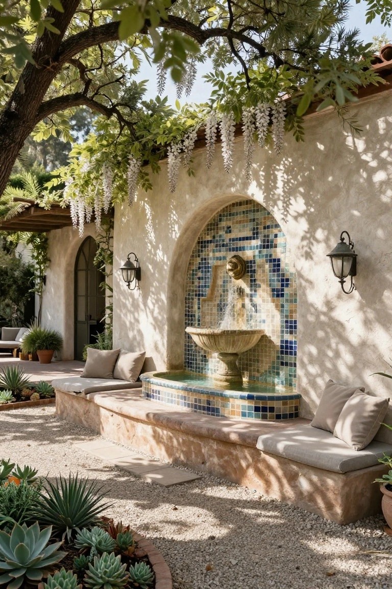 Hacienda-style outdoor courtyard wall with arched blue and white tiled fountain, stone basin overflowing with water, integrated tan benches with beige cushions, gravel paths, succulents in pots, and wisteria vines overhead.