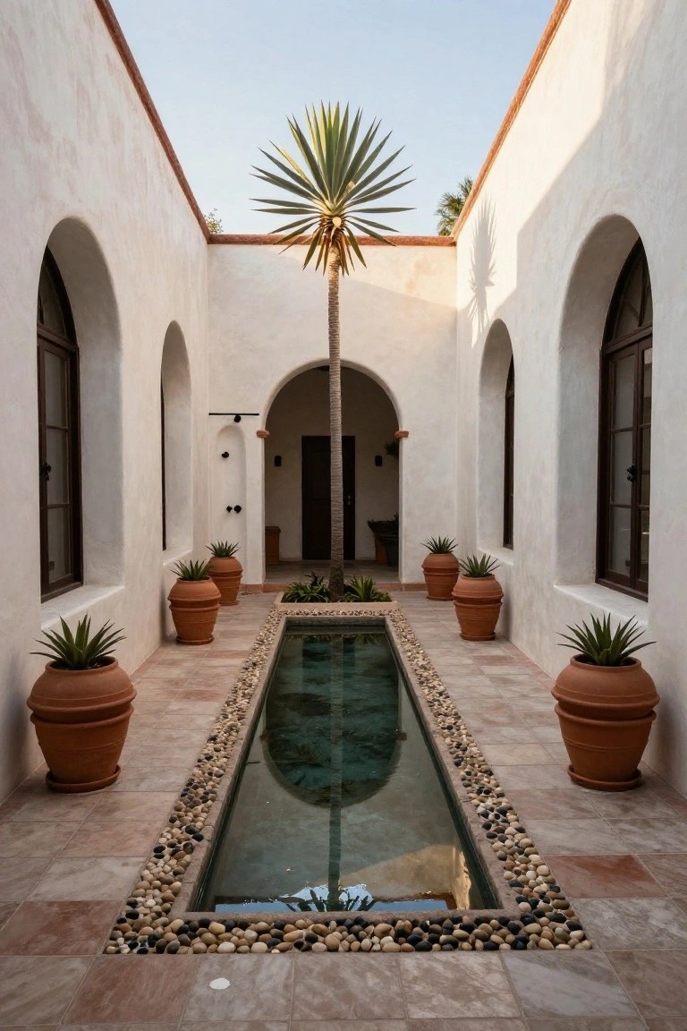 White stucco courtyard with arched doorways and windows, central palm tree, narrow rectangular reflecting pool lined with pebbles, terracotta pots with agave plants on terracotta tile floor.